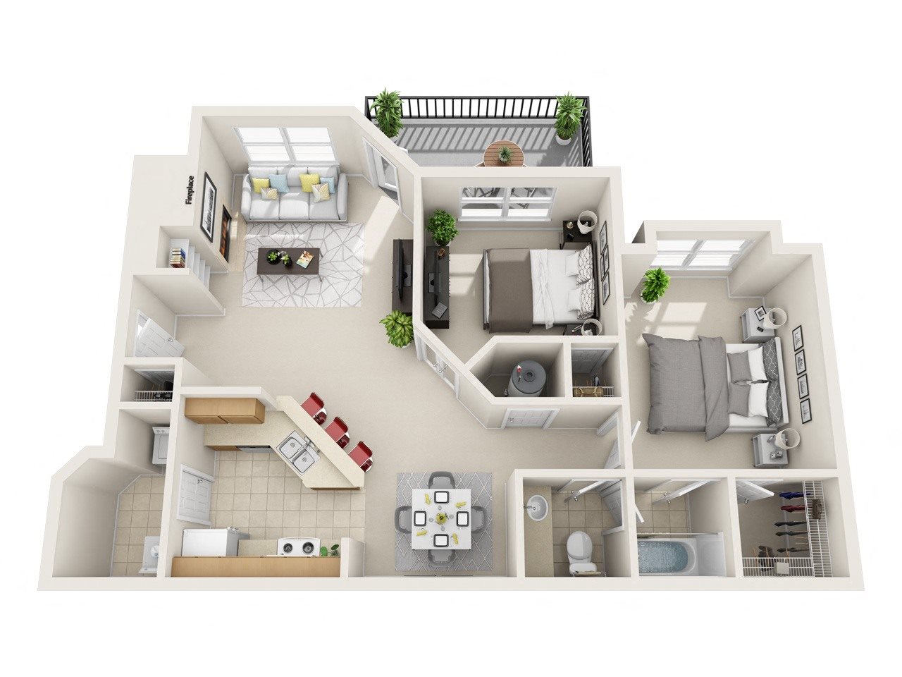 A 3D floor plan of a house with multiple rooms and furniture.